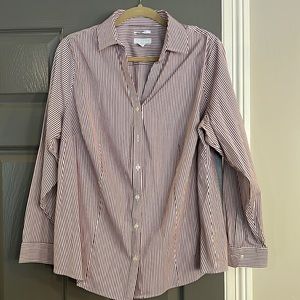 Charter Club Woman Dark Red and White striped long sleeve button shirt